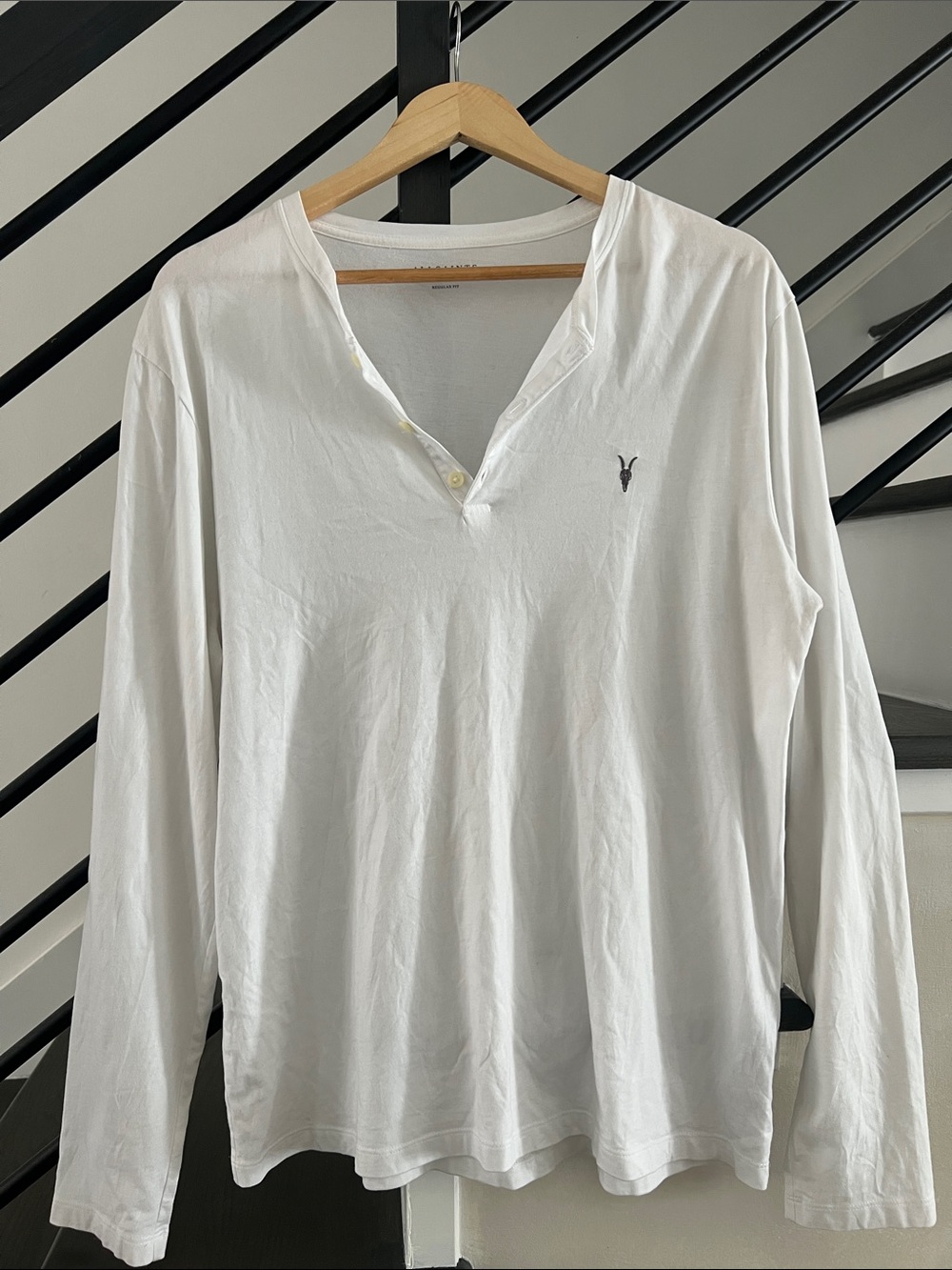 AllSaints White Long-Sleeve Henley with Subtle Logo